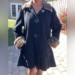 Black Coat with Leopard Trim
